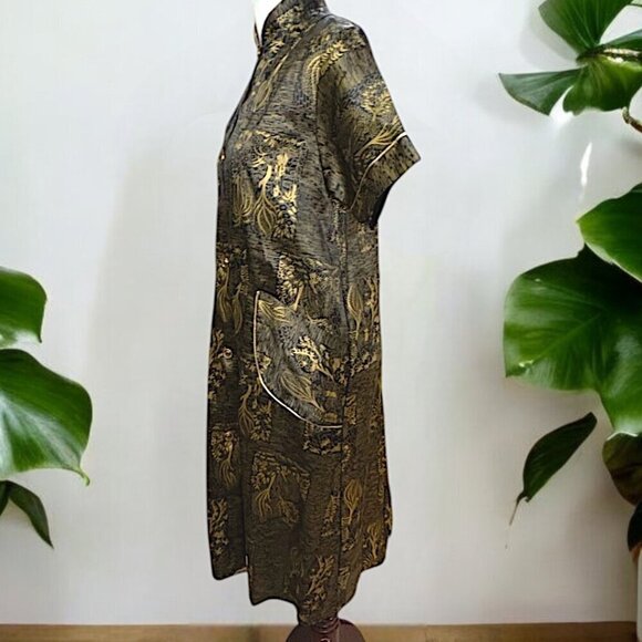 Vintage 1950s Dream Wear House Dress Black and Gold Asian Print Size M/L - Picture 7 of 15